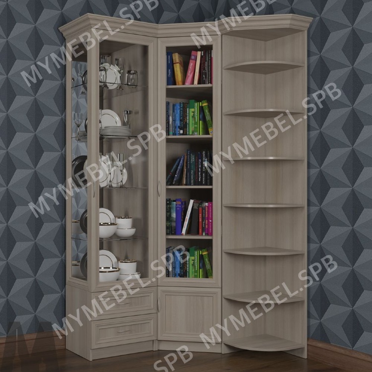 Угловой книжный шкаф с ящиками и открытыми полками №16
